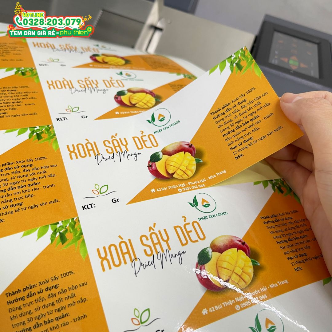 Tem nhãn decal trắng dành cho sản phẩm xoài sấy
